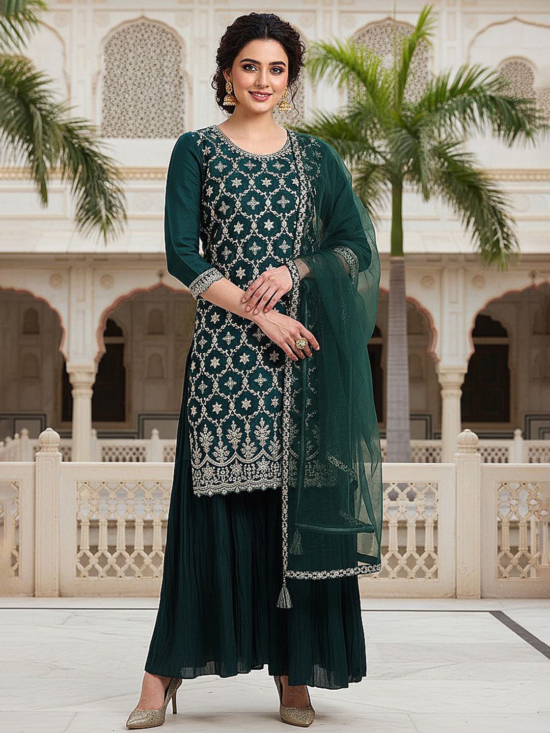 Dhiyona HOP Women Embroidered Straight Kurta Sharara With Dupatta