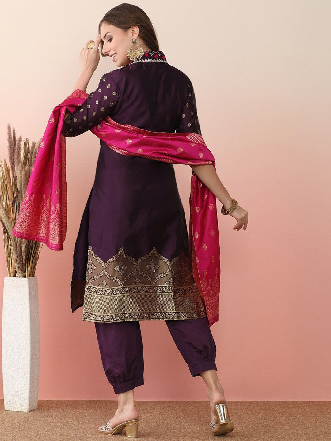 Woven Design Embroidered Banarasi Straight Kurta With Salwar & Dupatta