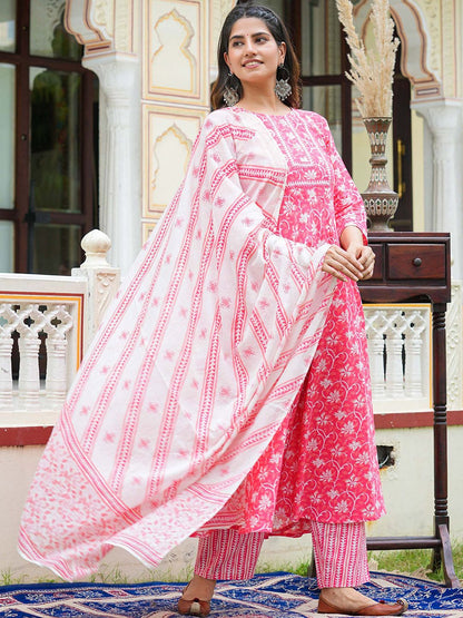 Dhiyona KL Floral Printed Pure Cotton Anarkali Kurta With Trouser And Dupatta