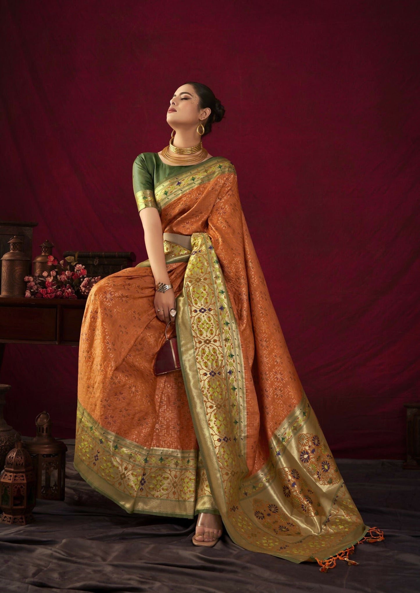 Women Paithani Bansi Orange Saree With Unstiched Blouse