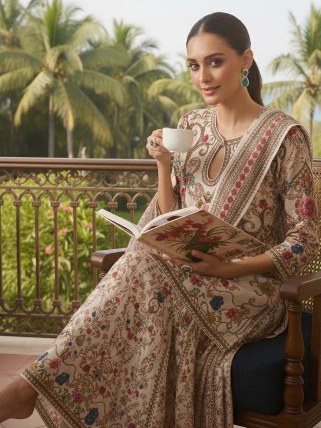 Dhiyona AN Women Floral Printed Regular Silk Crepe Kurta with Sharara & With Dupatta