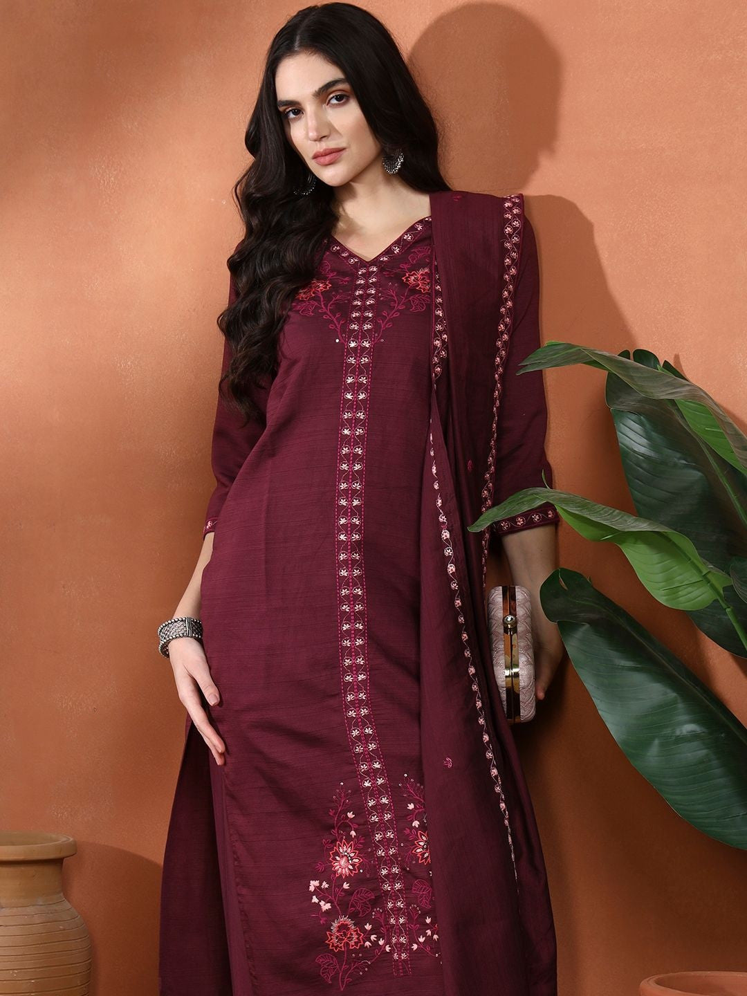 Ethnic Motifs Embroidered Sequinned Straight Kurta with Trouser & Dupatta