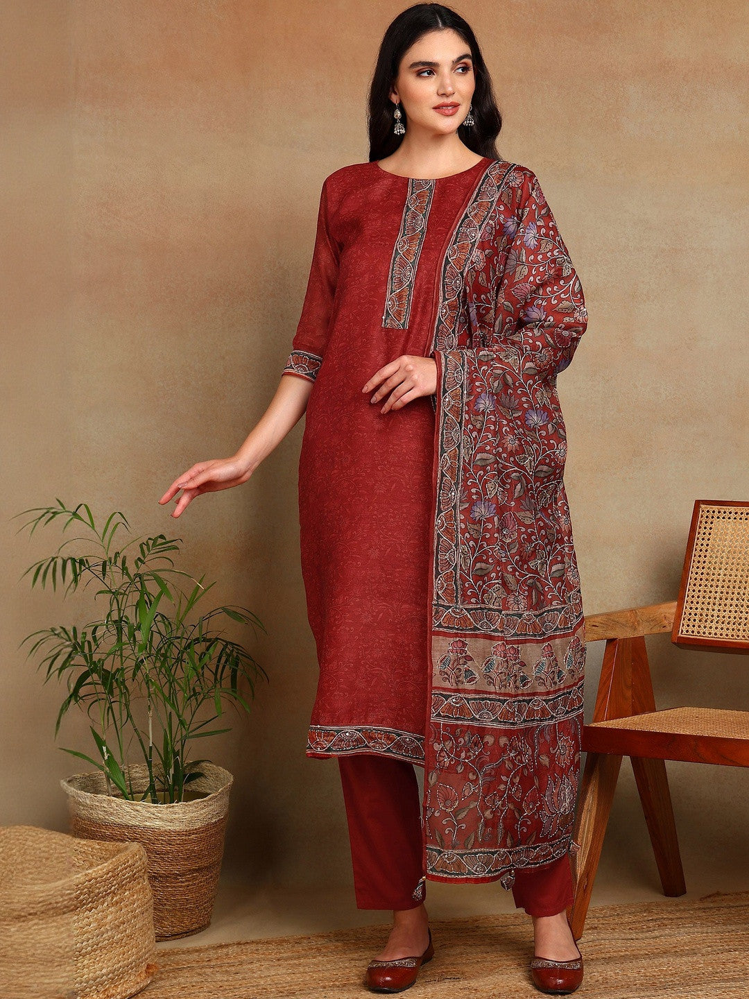 Women Ethnic Motifs Regular Chanderi Cotton Kurta with Trousers & With Dupatta