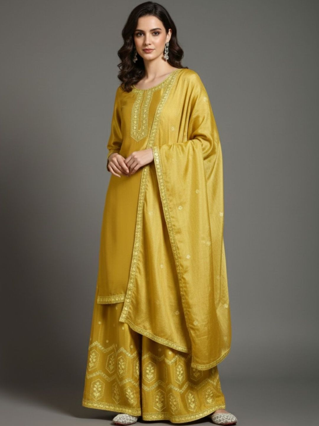 Dhiyona VA Women Ethnic Motifs Embroidered Regular Thread Work Silk Crepe Kurta with Palazzos & With Dupatta