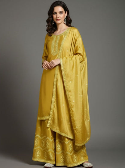 Dhiyona VA Women Ethnic Motifs Embroidered Regular Thread Work Silk Crepe Kurta with Palazzos & With Dupatta