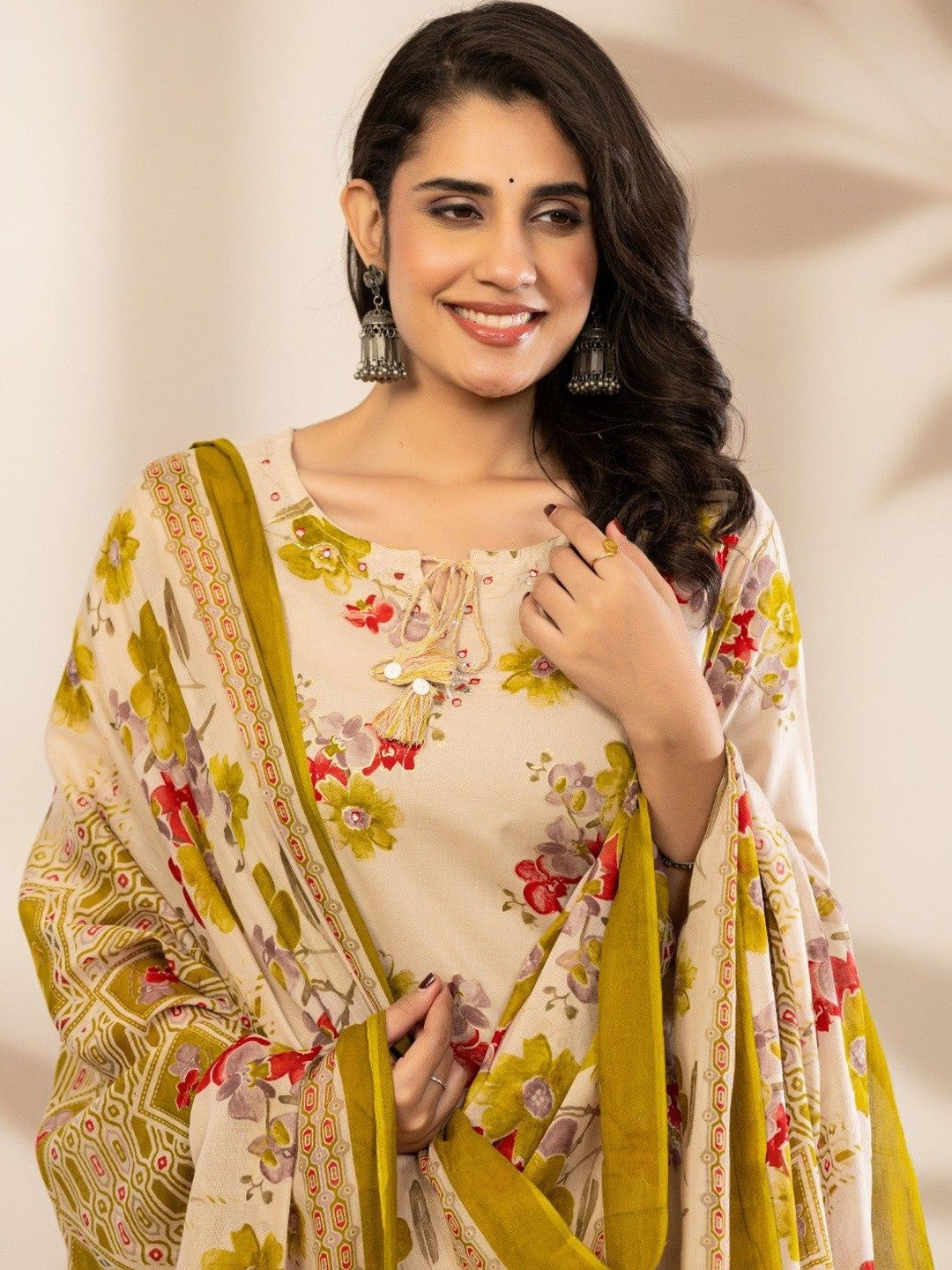 Women Floral Printed Regular Mirror Work Pure Cotton Kurta with Trousers & With Dupatta
