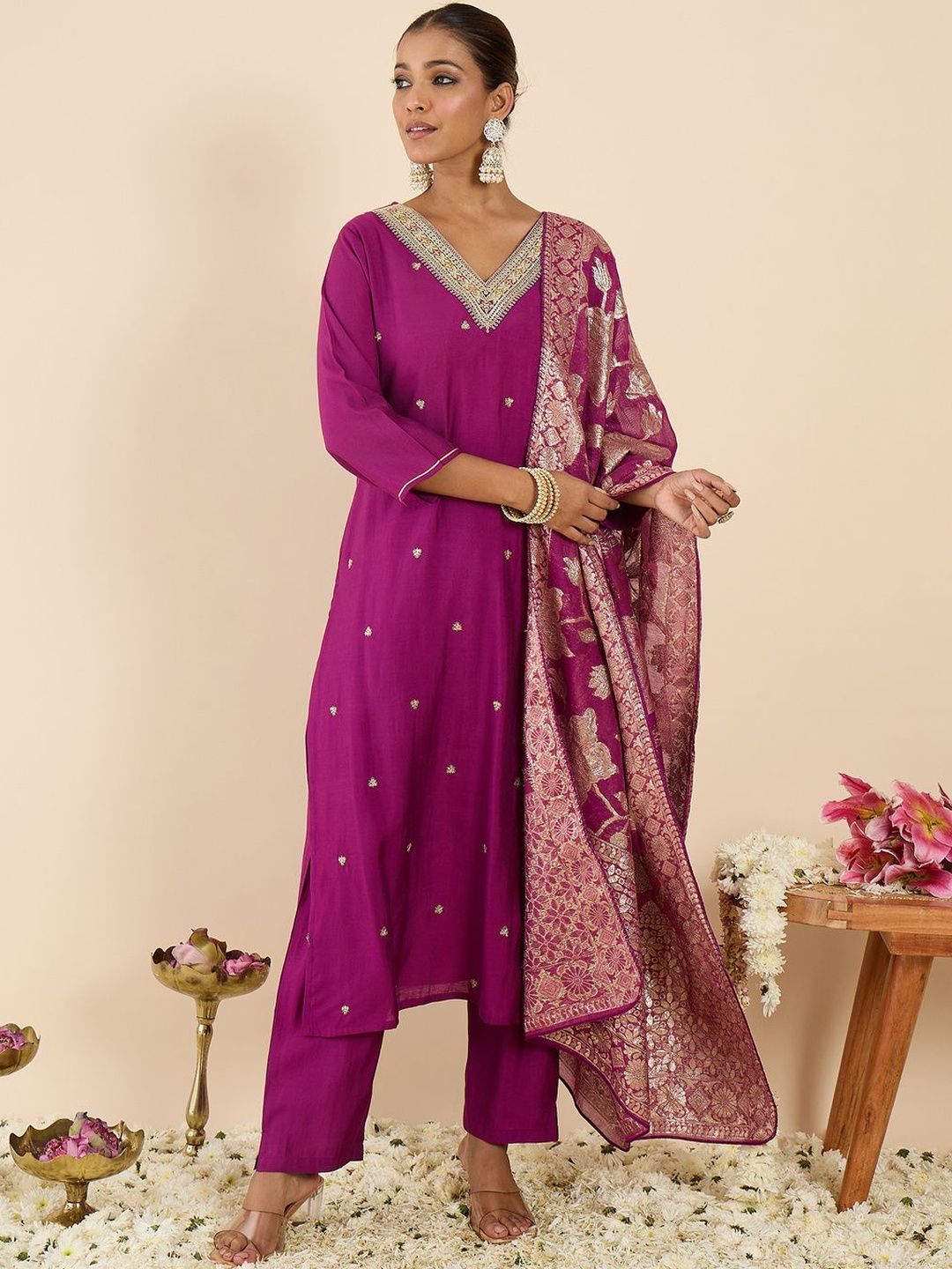 Dhiyona IE Yoke Design Thread Work Kurta With Palazzos