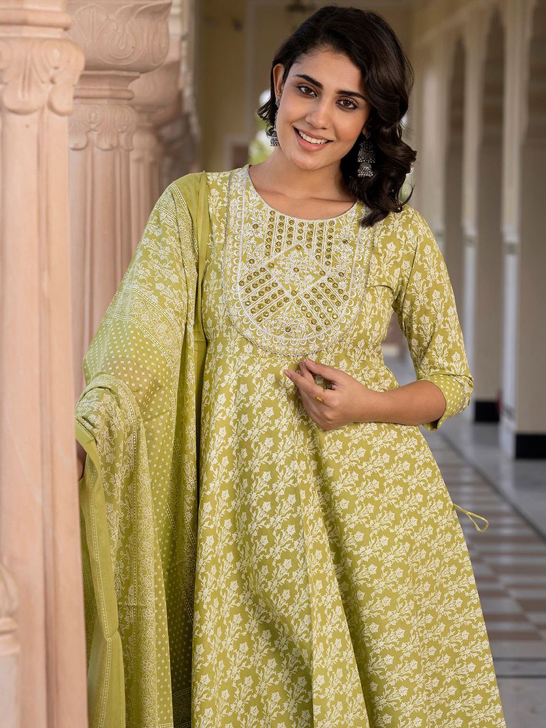 Dhiyona KL Floral Printed Mirror Work Anarkali Pure Cotton Kurta With Trousers & Dupatta