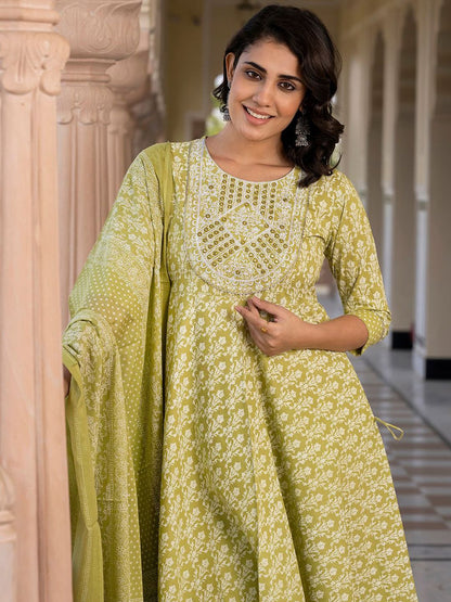 Dhiyona KL Floral Printed Mirror Work Anarkali Pure Cotton Kurta With Trousers & Dupatta