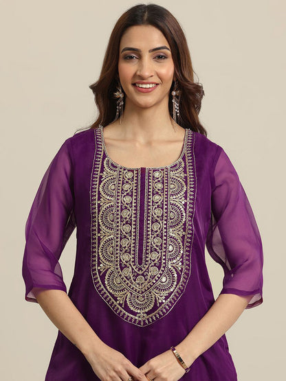 Floral Yoke Design Round Neck Zari Organza Straight Kurta & Trousers With Dupatta