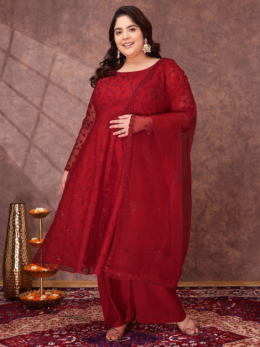 Dhiyona IN Women Floral Embroidered Thread Work Kurta with Palazzos & Dupatta