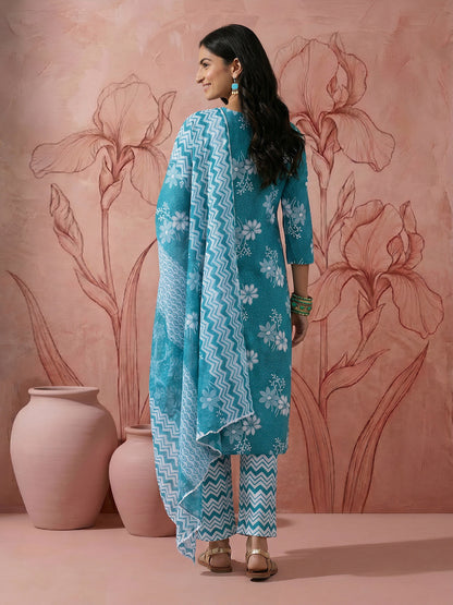 Floral Printed Regular Pure Cotton Kurta with Trousers & Dupatta