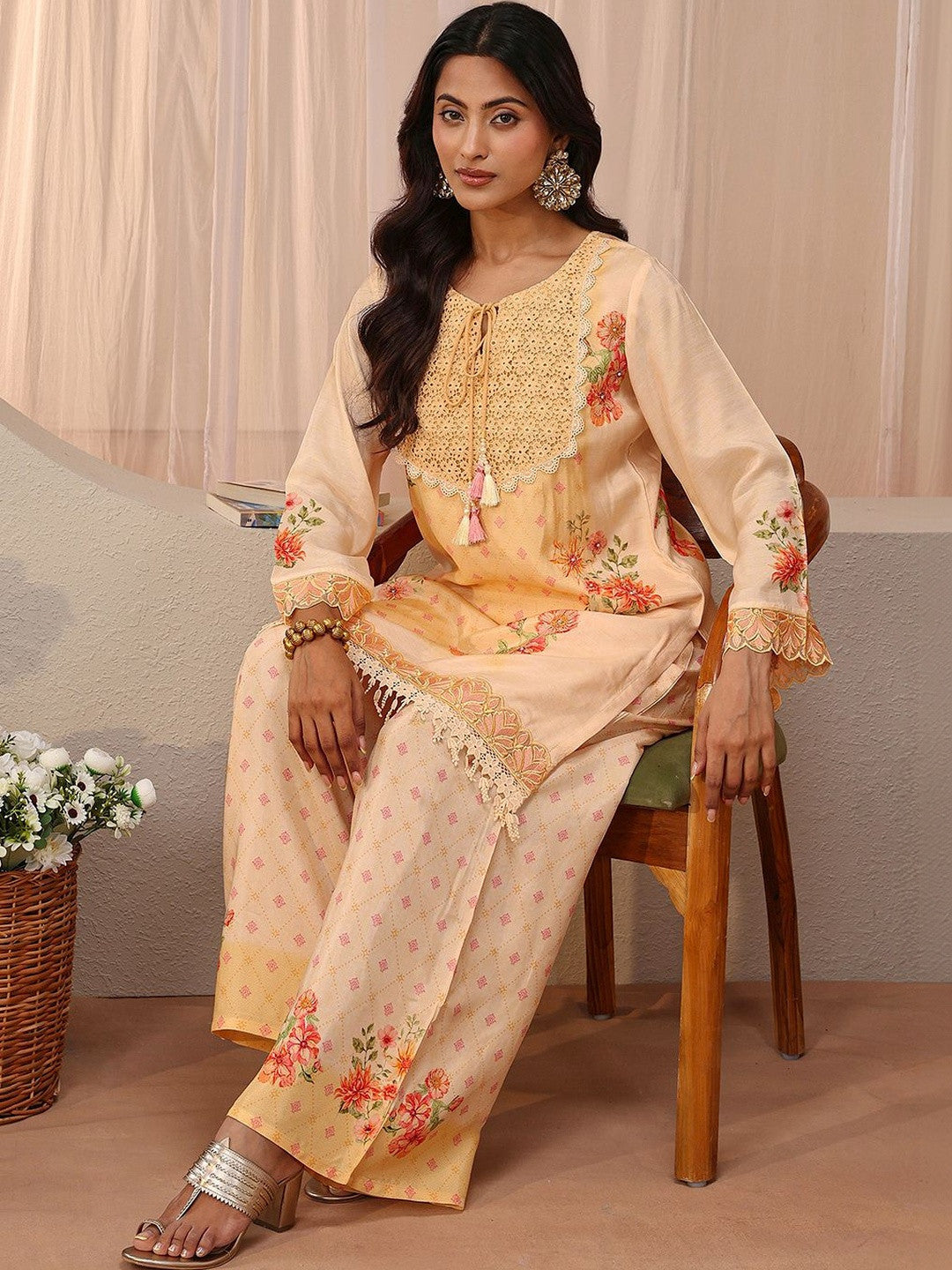 Peach Floral Printed Straight Kurta Set