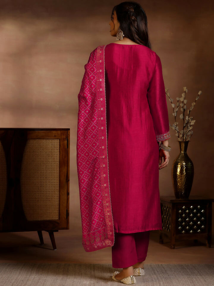 Women's LB Red Embroidered Silk Blend Straight Suits With Dupatta