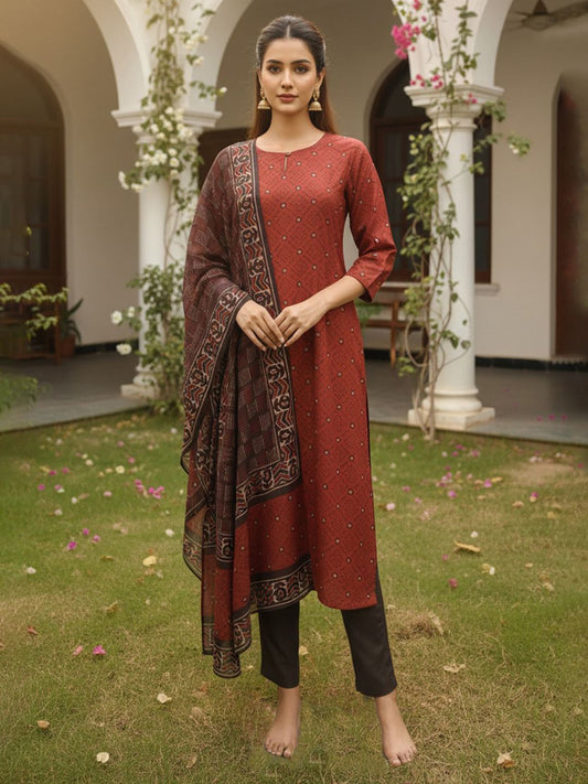 Dhiyona KL Geometric Printed Straight Kurta With Trousers & Dupatta