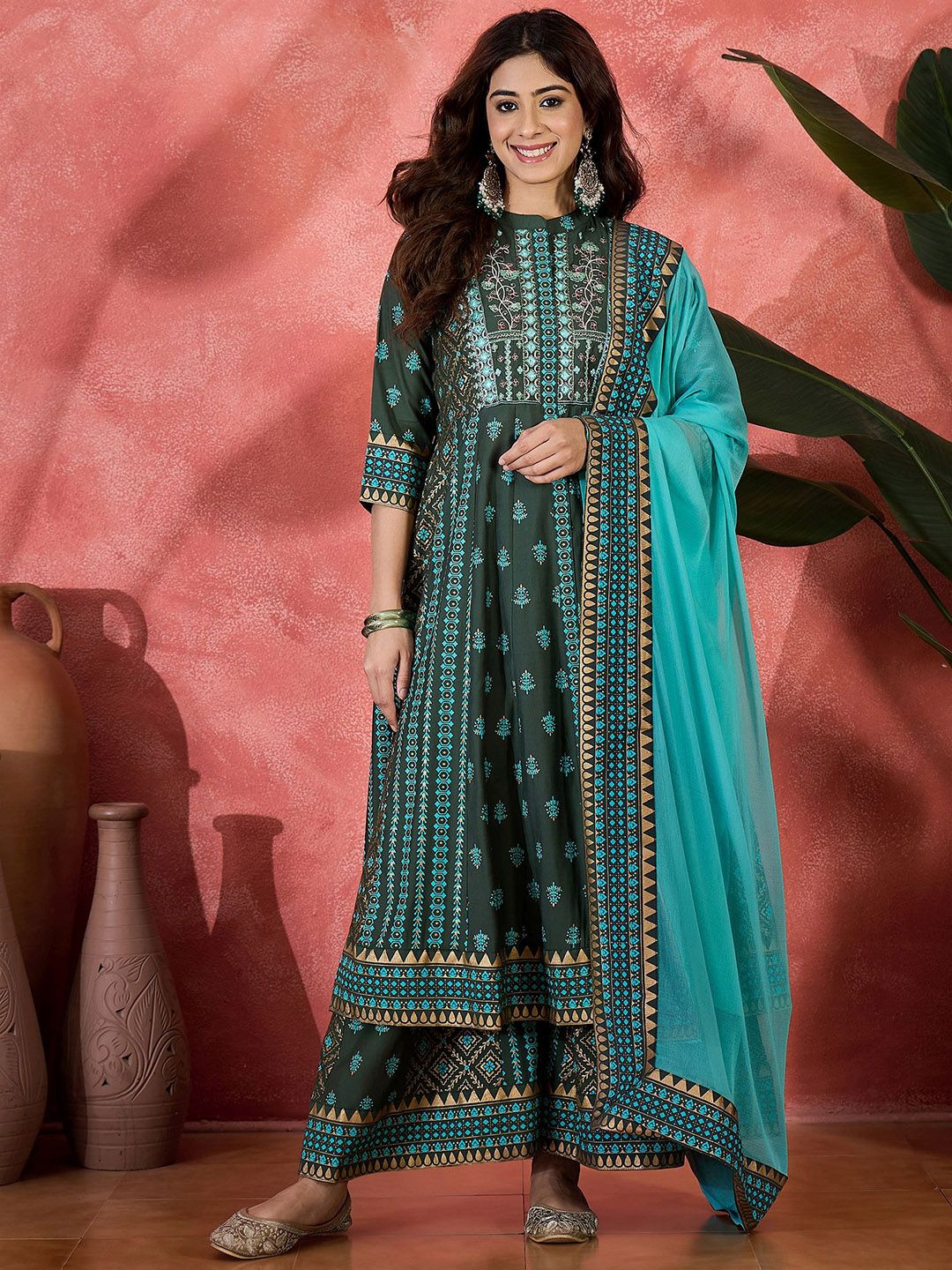 Dhiyona SN Embroidered & Block Printed Anarkali Kurta & Palazzo With Dupatta