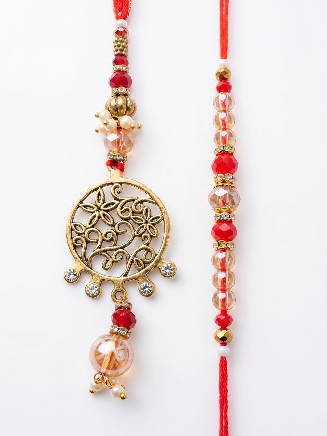 Dhiyona Set Of 2 Gold Toned Artificial Stones & Beads Bhaiya Bhabhi Rakhi With Roli Chawal