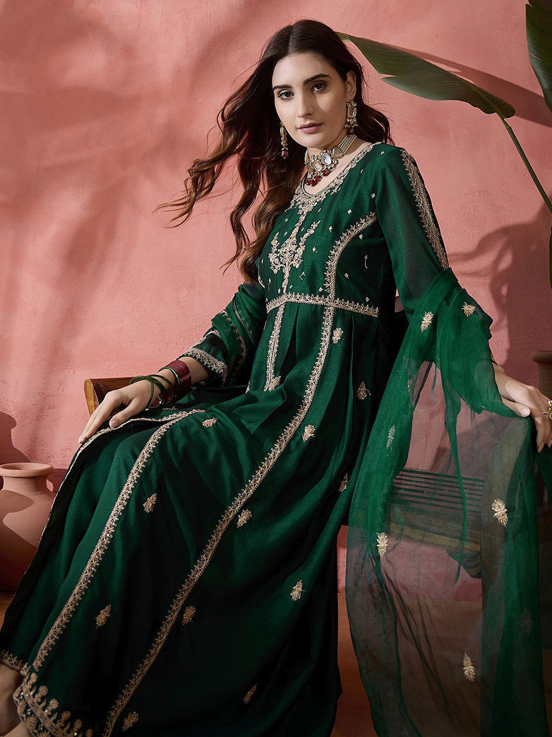 Green Floral Embroidered Panelled Zari A-Line Kurta With Trousers And Dupatta
