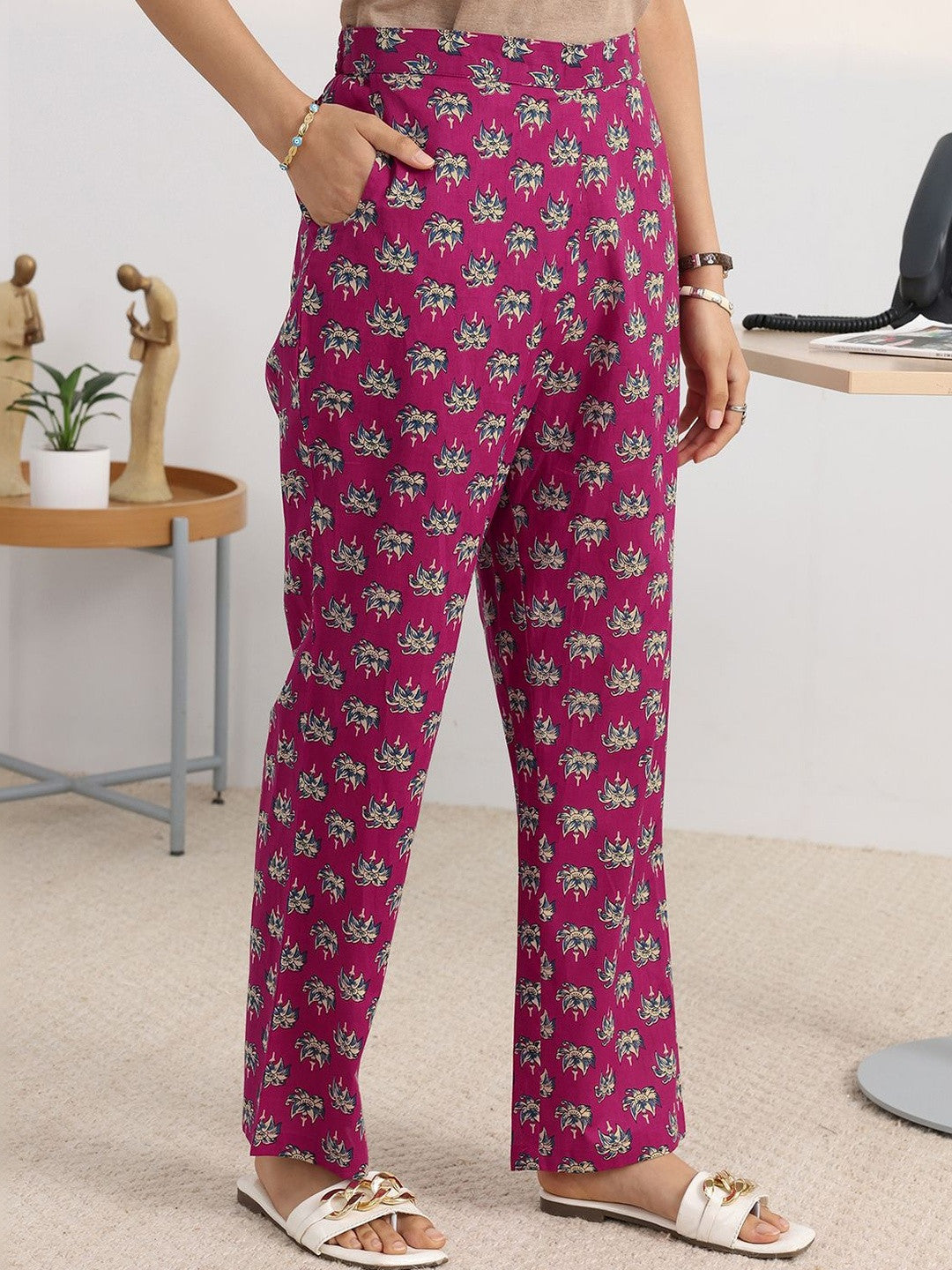 Libas Pink Floral Printed Cotton Blend A-Line Kurta Set
