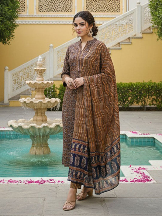Dhiyona KL Ethnic Motifs Printed Straight Kurta With Trousers & Dupatta