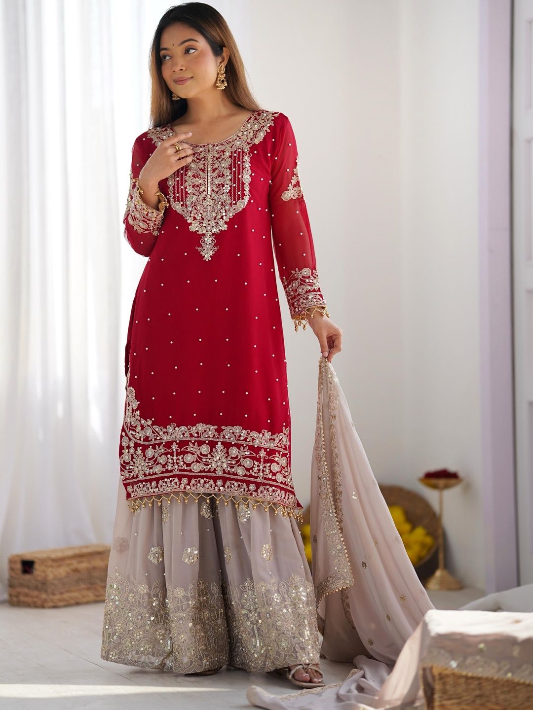 Dhiyona KL Women Ethnic Motifs Embroidered Regular Gotta Patti Kurta with Sharara & With Dupatta