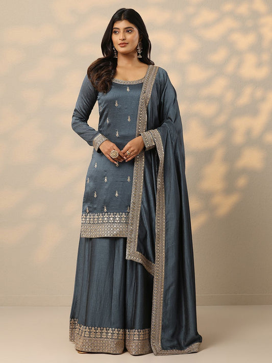 Dhiyona LL Floral Embroidered Zari Kurta with Palazzos & With Dupatta