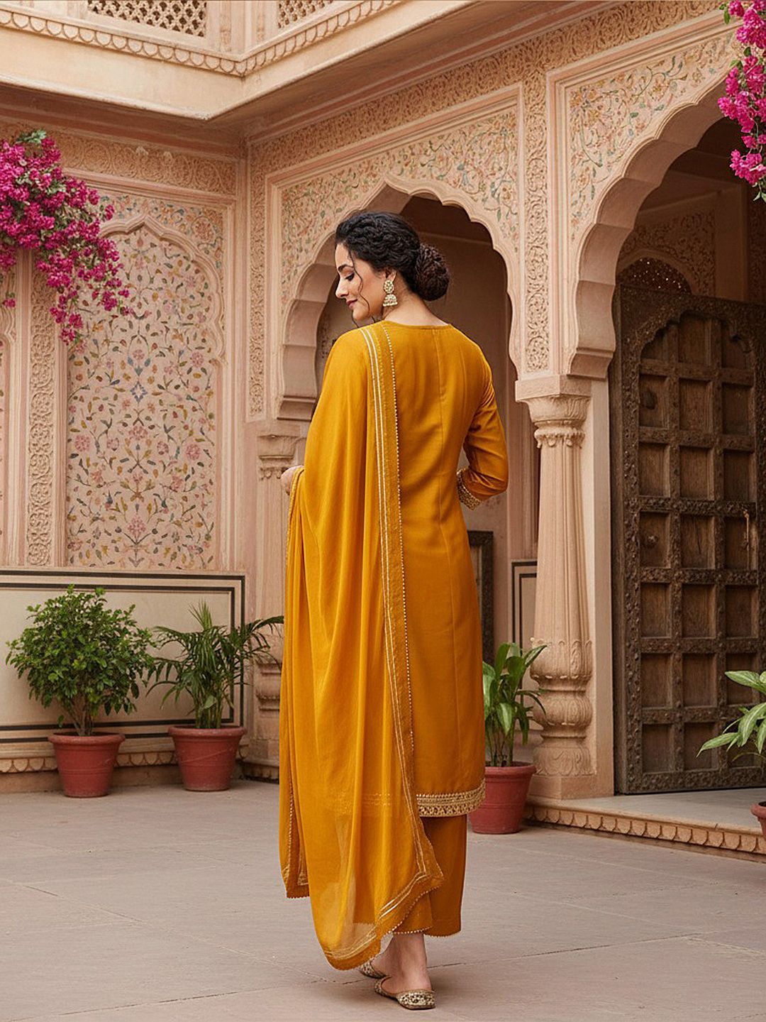 Dhiyona KL Floral Embroidered Empire Mirror Work Anarkali Kurta With Palazzos & Dupatta