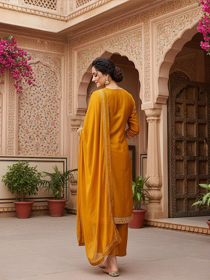 Dhiyona KL Floral Embroidered Empire Mirror Work Anarkali Kurta With Palazzos & Dupatta