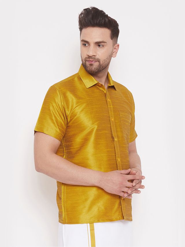 Men's Mustard Silk Blend Straight Ethnic Shirt