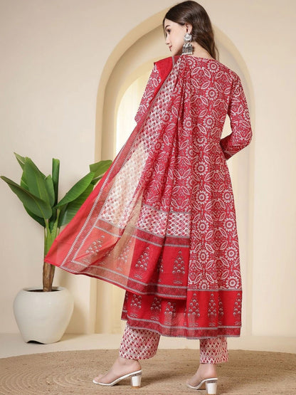 Women Ethnic Motifs Printed Empire Sequinned Pure Cotton Kurta with Trousers & With Dupatta