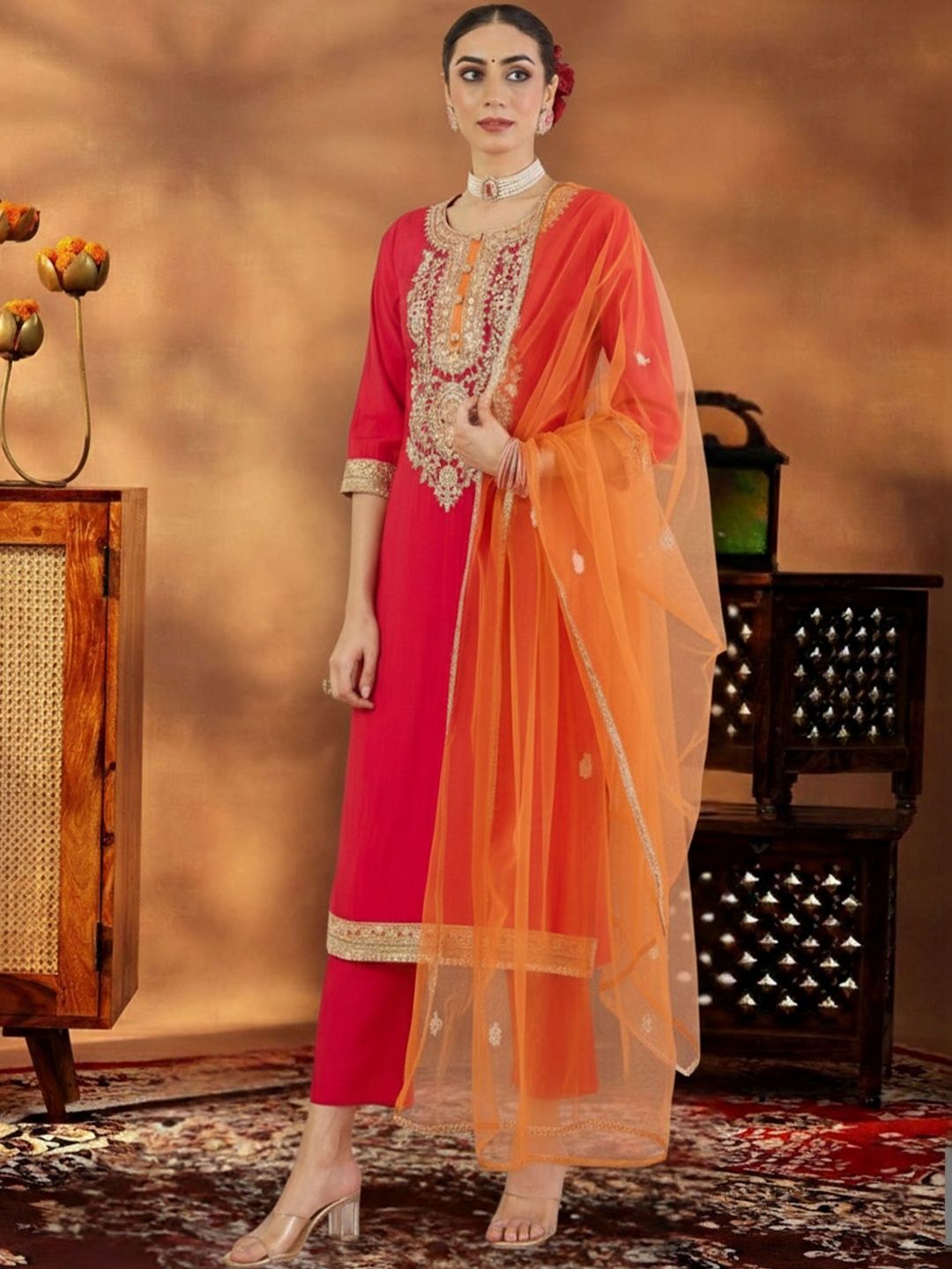 Dhiyona IE Women Ethnic Motifs Embroidered Regular Kurta with Trousers & With Dupatta