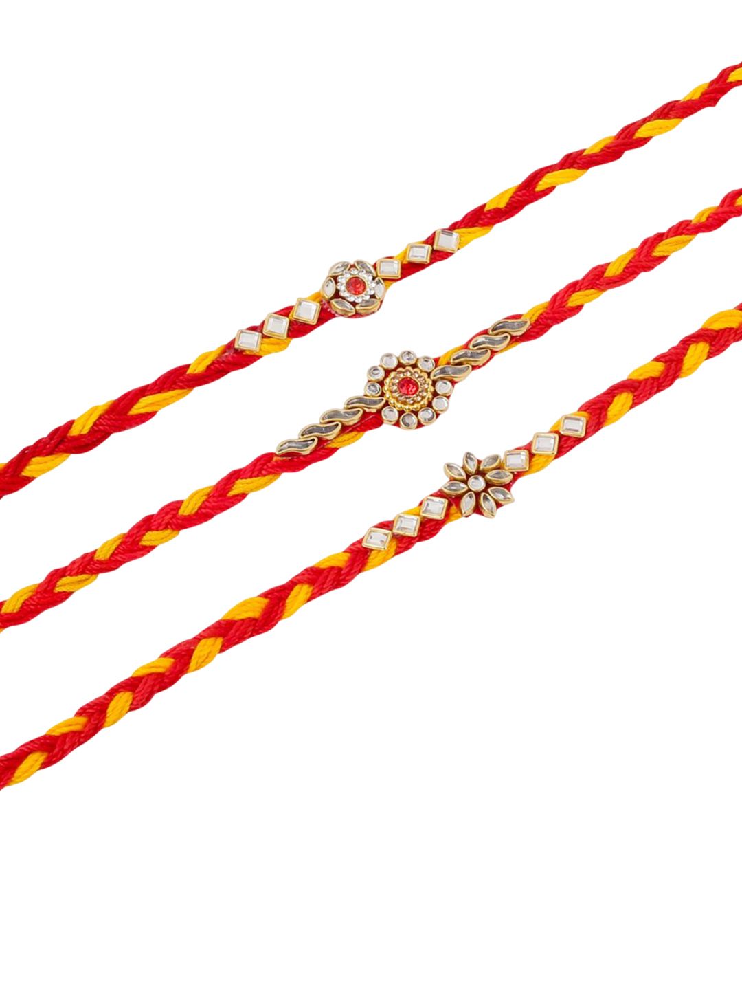 Dhiyona Men Set Of 3 Red & Yellow Kundan Studded Floral Design Thread Rakhi With Roli Chawal