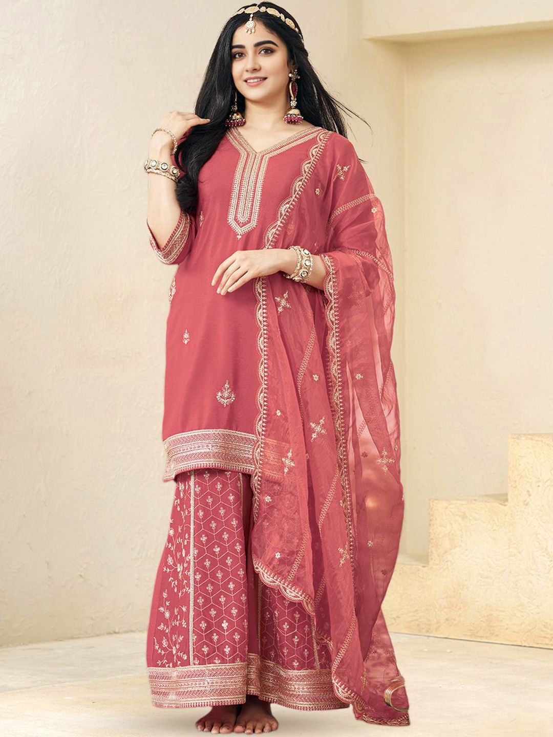 Dhiyona CH Ethnic Motifs Embroidered V-Neck Straight Kurta With Sharara & Dupatta