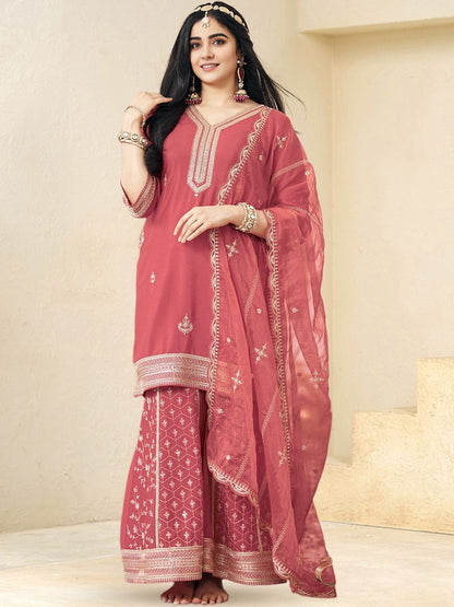 Dhiyona CH Ethnic Motifs Embroidered V-Neck Straight Kurta With Sharara & Dupatta