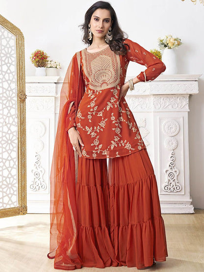 Dhiyona IN Floral Embroidered Thread Work Georgette A-Line Kurta With Sharara & Dupatta