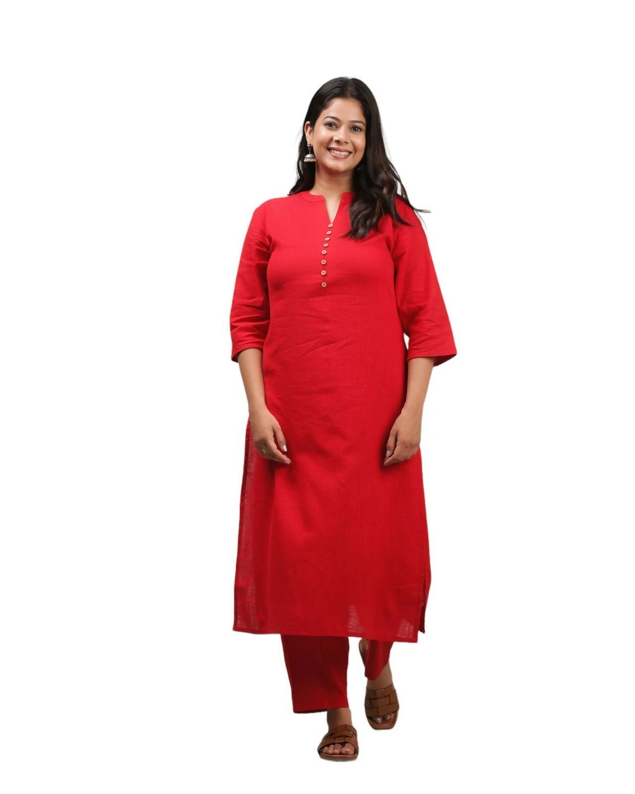 Women's Red Khadi Cotton Solid Straight Kurta for Women