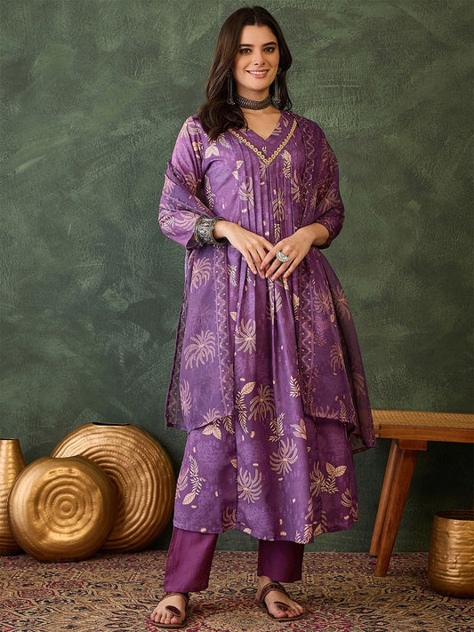 Dhiyona KL Women Ethnic Motifs Printed Pleated Kurta with Trousers & With Dupatta
