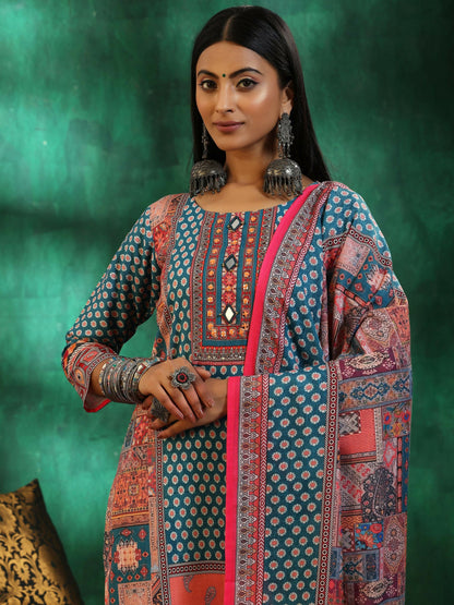 Women's LB Multicoloured Printed Linen Straight Suit With Dupatta