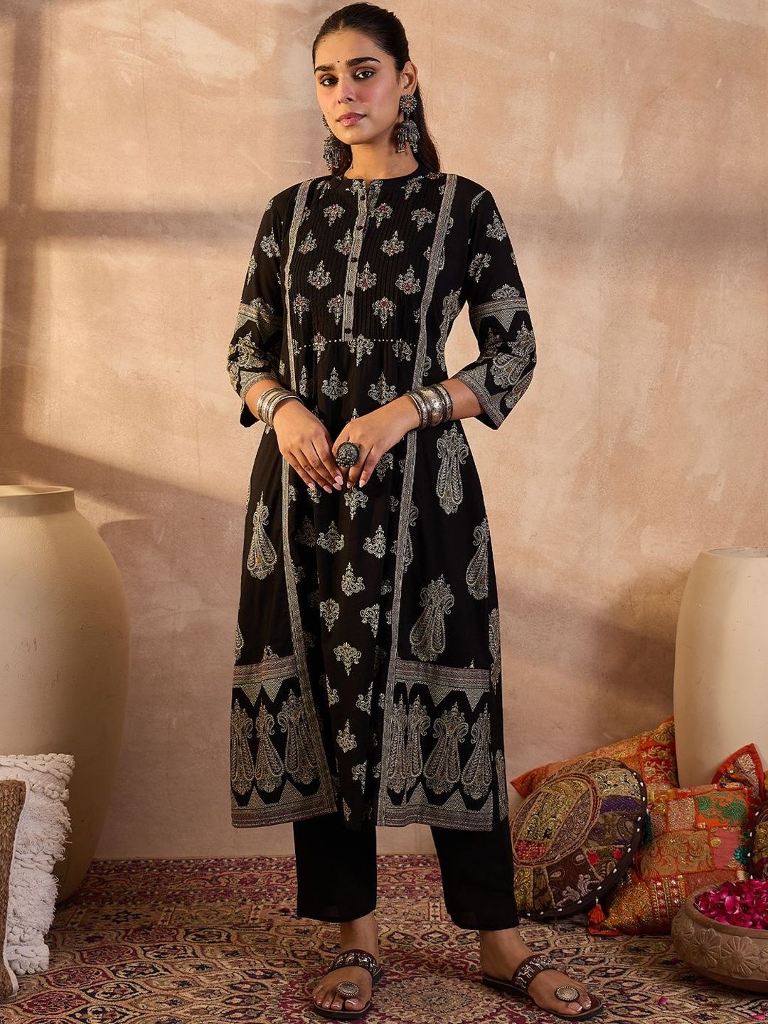 Ethnic Motifs Printed Panelled Band Collar Sequinned Pure Cotton Kurta & Trousers