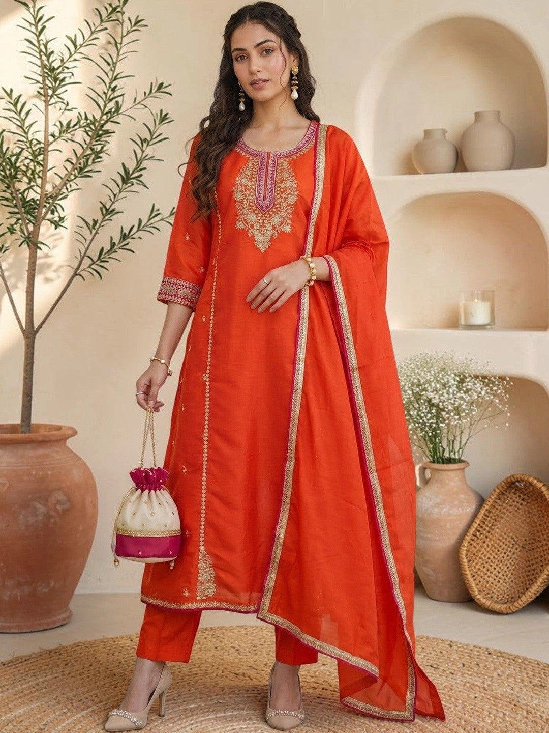 Women Ethnic Motifs Embroidered Regular Thread Work Kurta with Trousers & With Dupatta