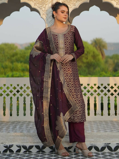 Women's LB Wine Woven Design Silk Blend Straight Suit With Dupatta