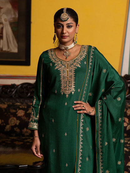Dhiyona CH Floral Embroidered Sequinned Straight Kurta With Trousers & Dupatta