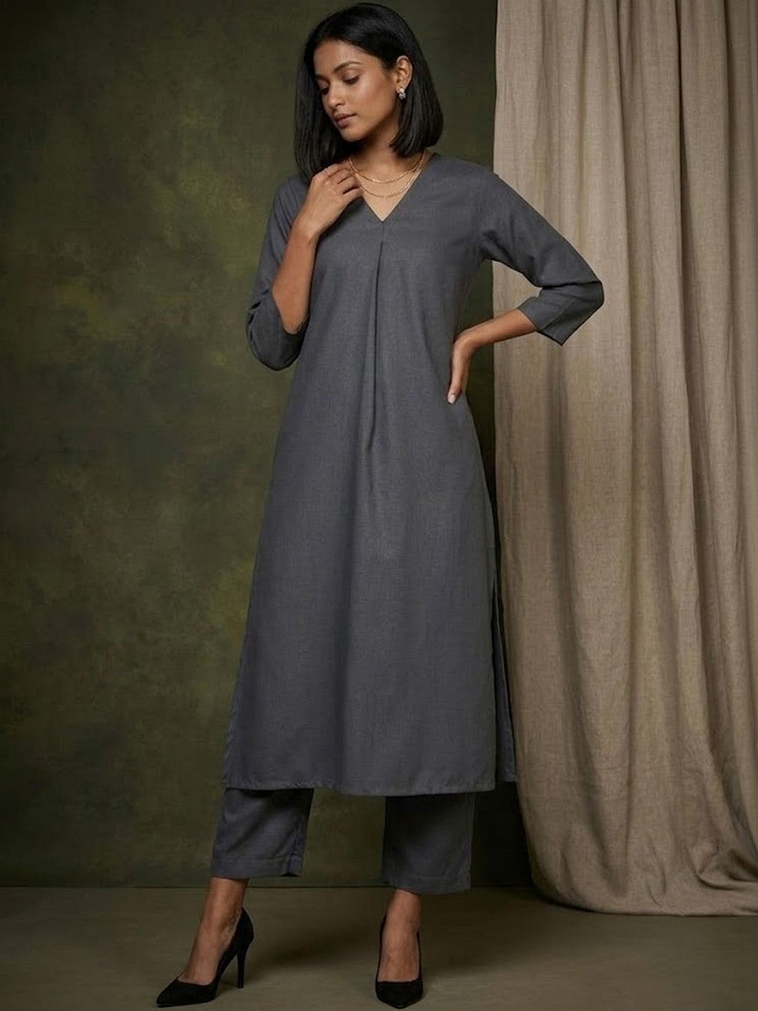 V-Neck A-Line Kurta & Trousers