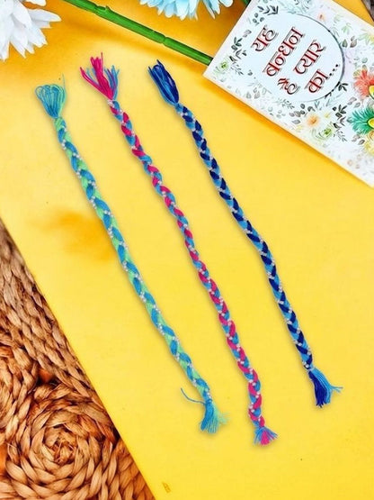 Dhiyona Set Of 3 Multicolor Thread Rakhi With Roli Chawal Chandan Mishri