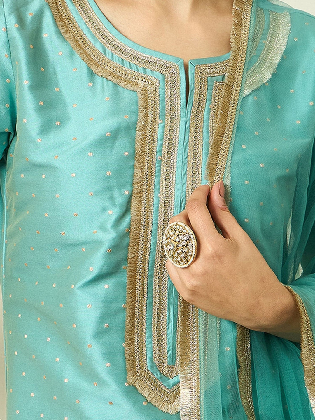 Woven Desig Round Neck Kurta & Palazzos With Dupatta