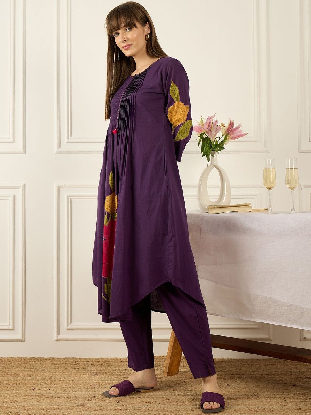 Dhiyona IE Printed Round Neck Three-Quarter Sleeves Pure Cotton Tunic And Trousers
