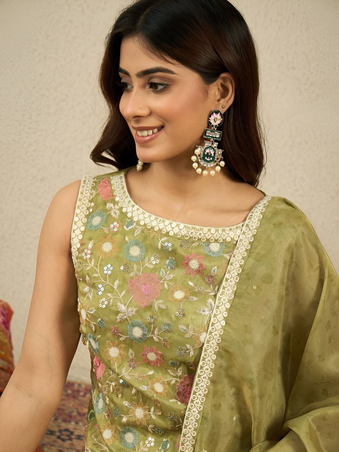 Dhiyona IN Women Floral Embroidered Regular Sequinned Kurta with Palazzos & Dupatta
