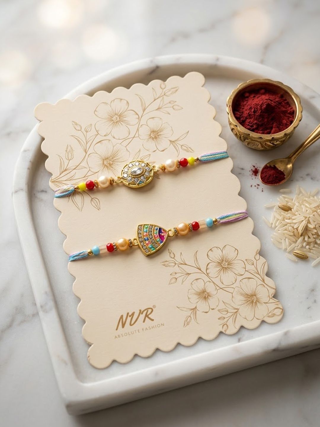 Anouk Set Of 2 Gold Toned Artificial Stones & Beads Thread Rakhi With Roli Chawal Chandan