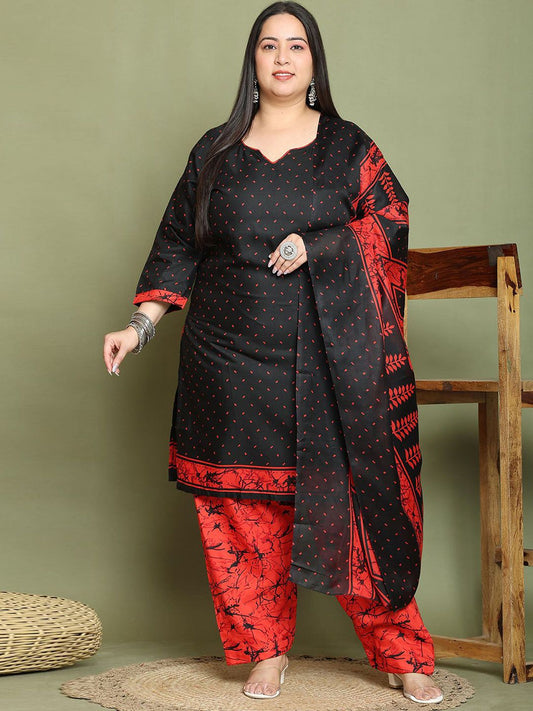 Dhiyona KL Women Plus Size Ethnic Motifs Printed Sweetheart Neck Kurta with Salwar & Dupatta