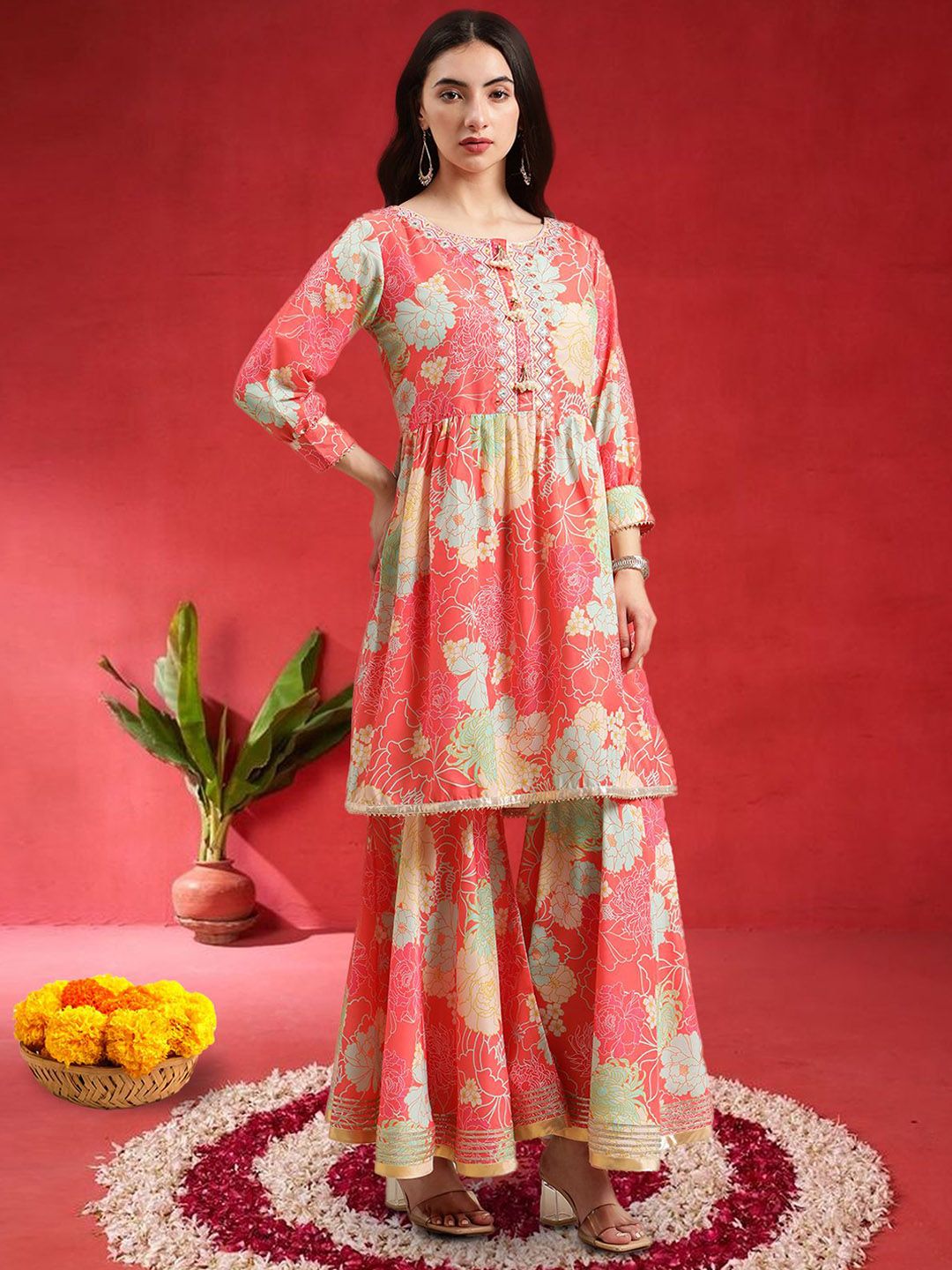 Dhiyona VA Women Floral Printed Empire Mirror Work Kurta With Sharara & Dupatta